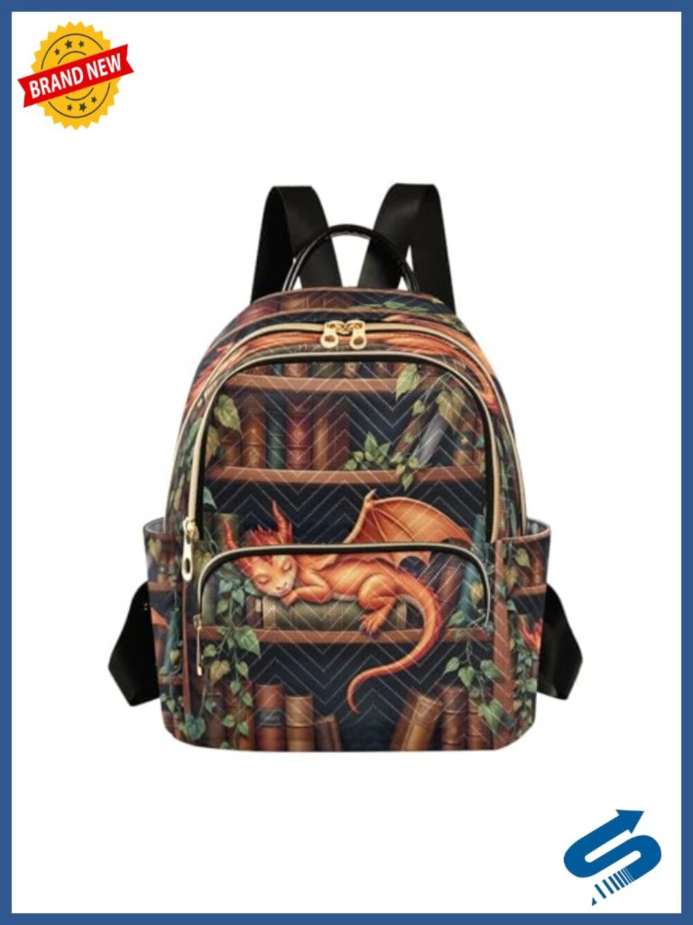 Dragon Bookshelf Print Mini Backpack Polyester Travel Daypack 14L